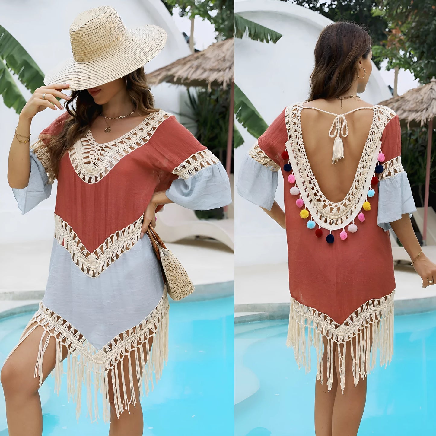 Orange floral beach overskirt with hand-crochet detail and tassels on a model.
