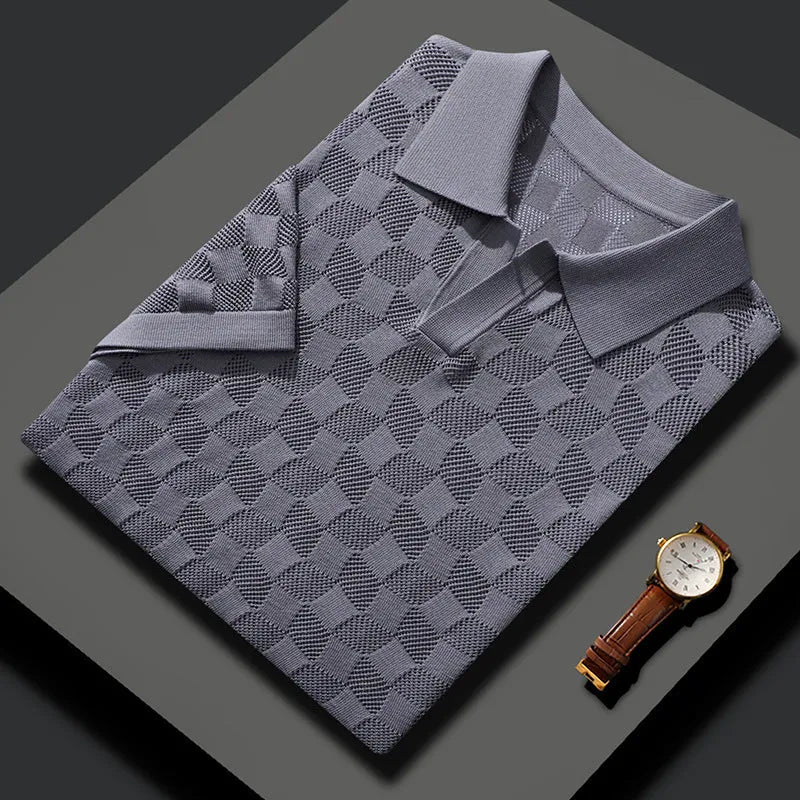 Men's mulberry silk short sleeve lapel sweater in a solid colour for business-casual wear.