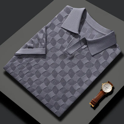 Men's mulberry silk short sleeve lapel sweater in a solid colour for business-casual wear.