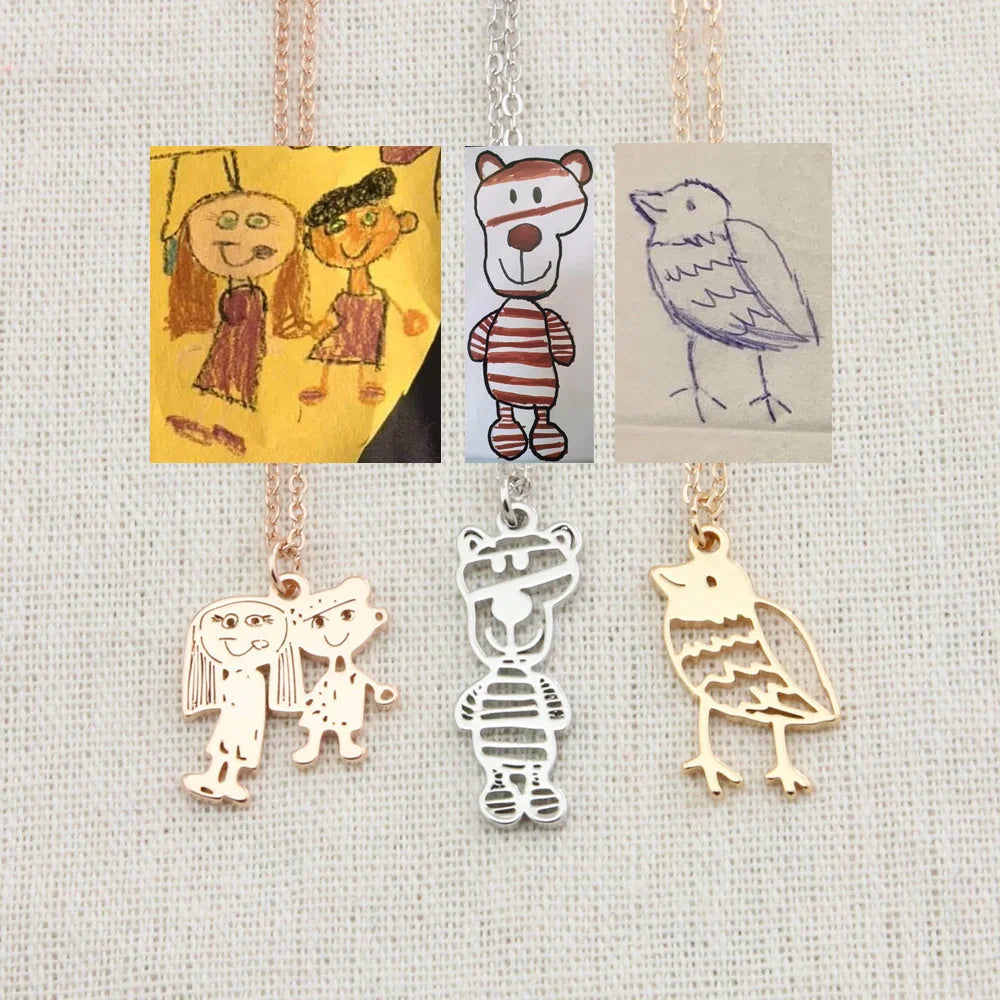 Custom children's artwork necklace with stainless steel chain and titanium steel pendant