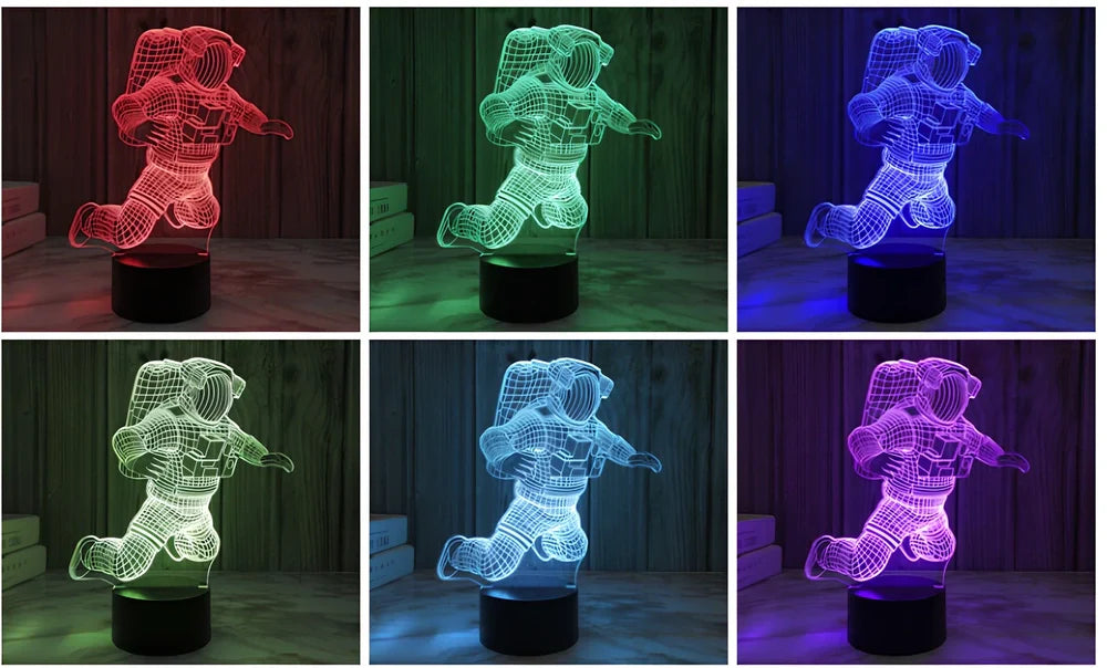 3D astronaut LED night light with USB plug showing dimensional design and compact bedside placement