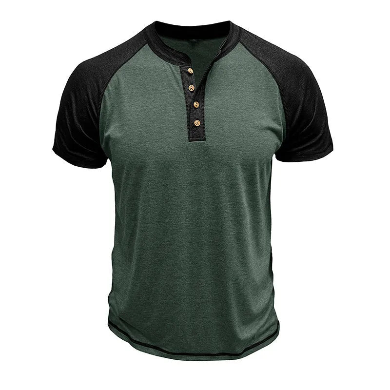 Men's short sleeve top with colour block design showing contrasting colour panels and raglan sleeves