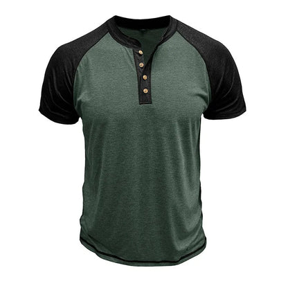 Men's short sleeve top with colour block design showing contrasting colour panels and raglan sleeves