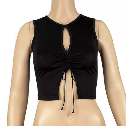 Black slimming knit top with split neckline and adjustable drawstring