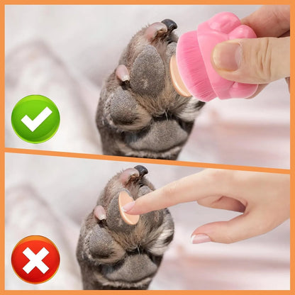 Three small paw-shaped pet balm brushes with soft heads inside clear plastic storage cases.