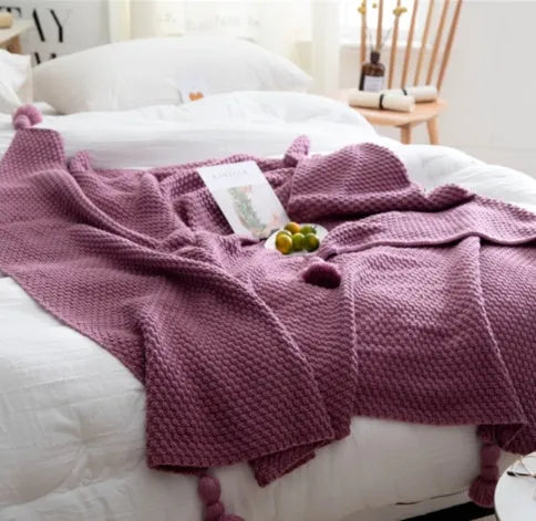 Nordic fringed knit ball acrylic blanket in beige colour measuring 130×170cm