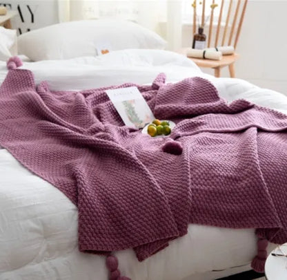 Nordic fringed knit ball acrylic blanket in beige colour measuring 130×170cm
