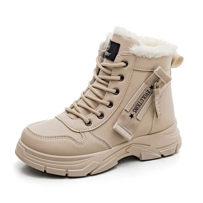 Women's plus size fleece-lined snow boots in tall crown design with mid heel and lace-up front