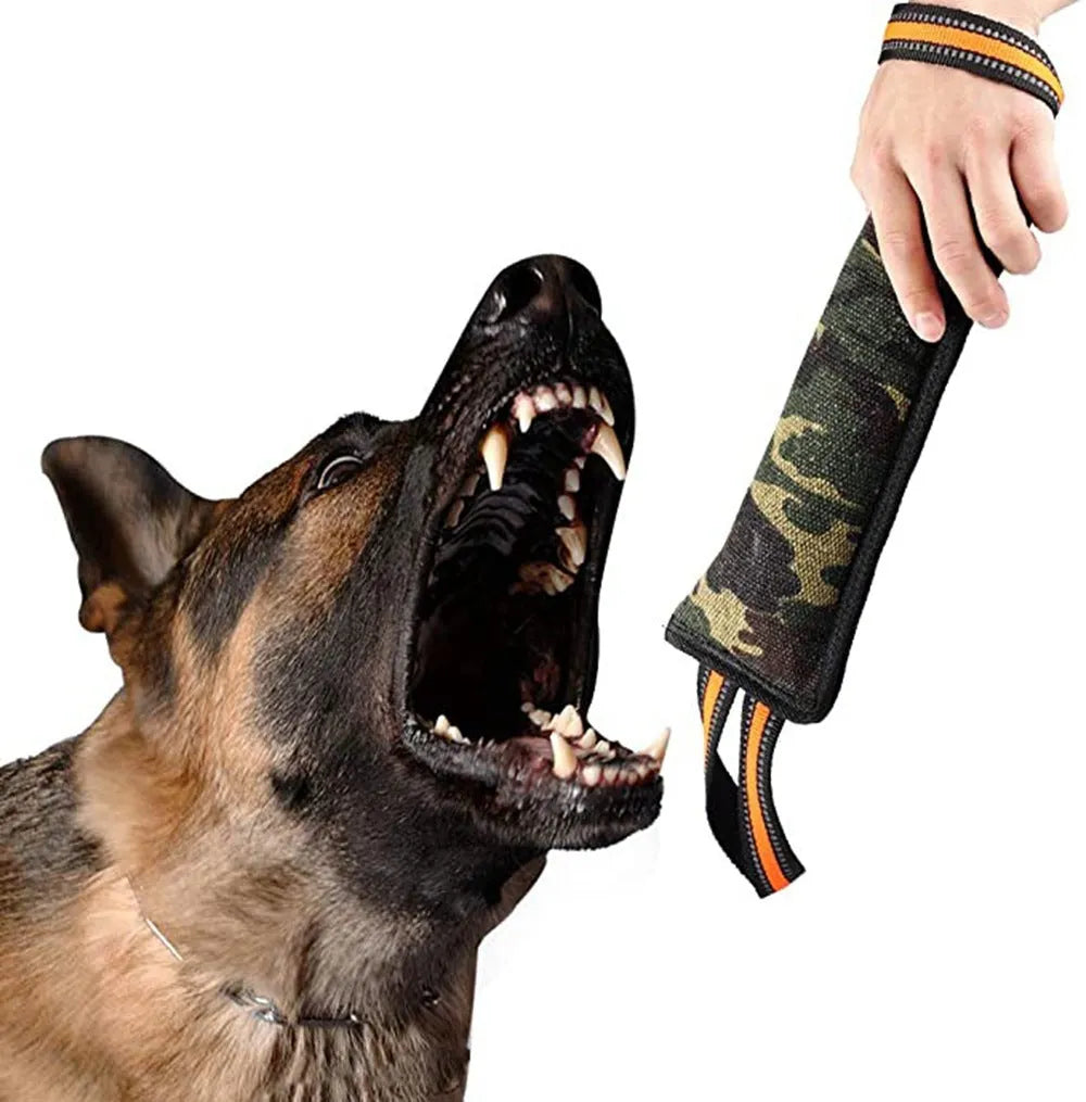 Jute dog training bite stick with reflective yellow edge trim, 55cm length