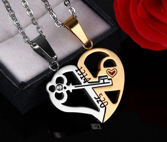 Captivating couples' love necklace set in gold, black, and silver colours with delicate chain and symbolic pendant design