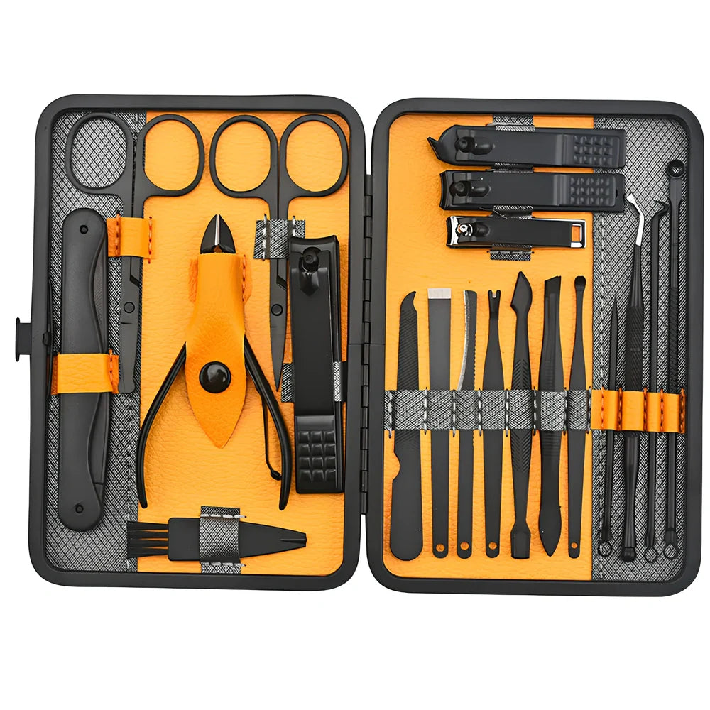 Beauty and manicure nail care kit with stainless steel tools in PU leather case showing multiple grooming implements
