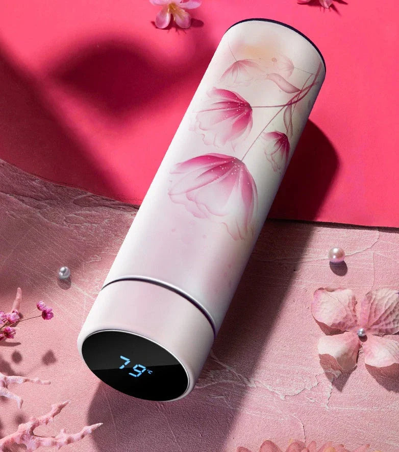 Sleek stainless steel vacuum flask with LED temperature display in various colors and capacities