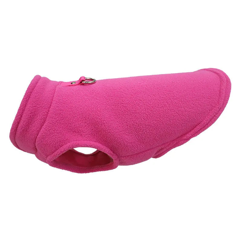 Thickened polar fleece dog waistcoat in solid colours red, black, blue, available in sizes S M L XL.