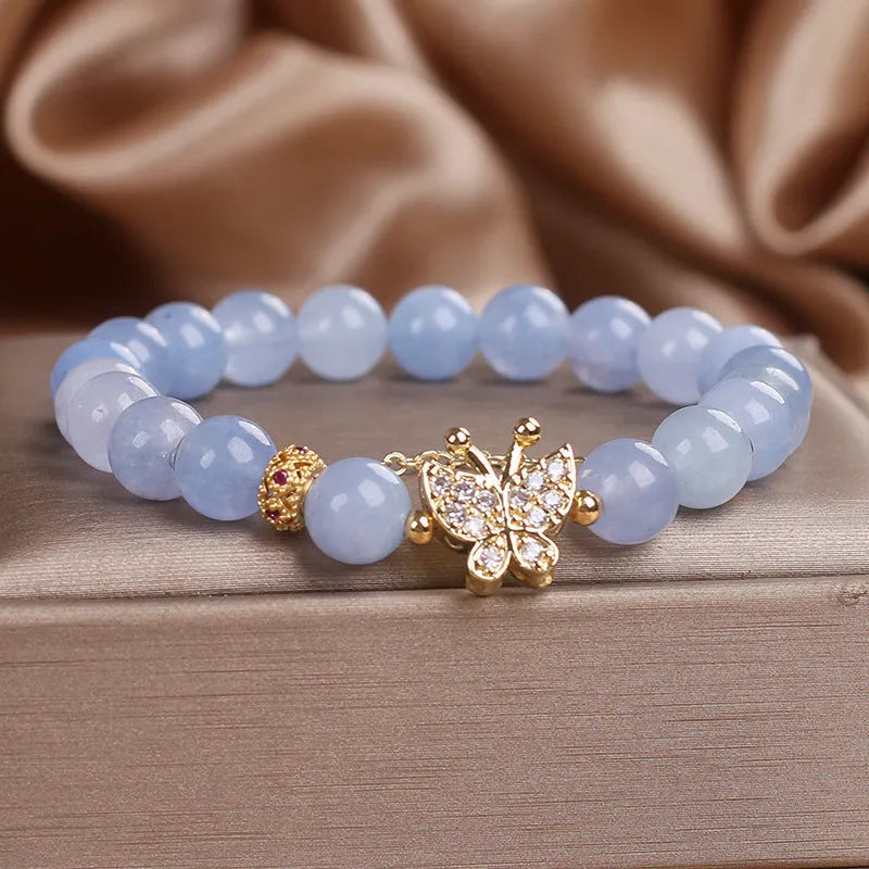 Sky blue aquamarine butterfly crystal bracelet for women with pearl accents and rhinestones