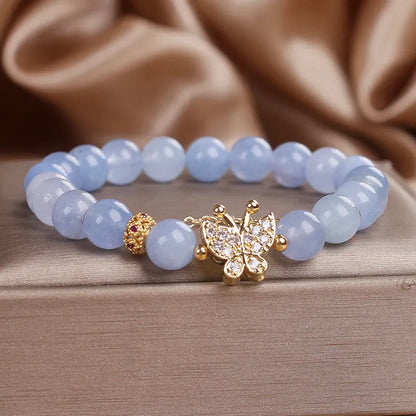 Sky blue aquamarine butterfly crystal bracelet for women with pearl accents and rhinestones