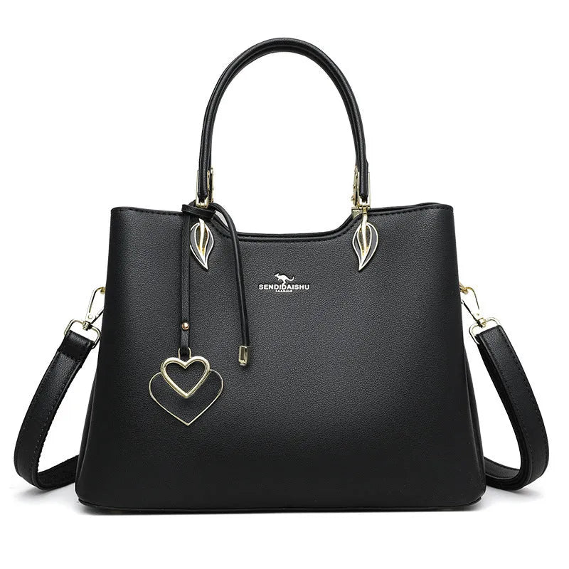 Black women's multi-layer PU leather shoulder messenger bag with sewing thread detail.