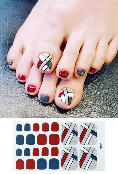 Waterproof foot nail sticker sheet in pink, silver, wine red, and yellow colours measuring 10cm × 15cm