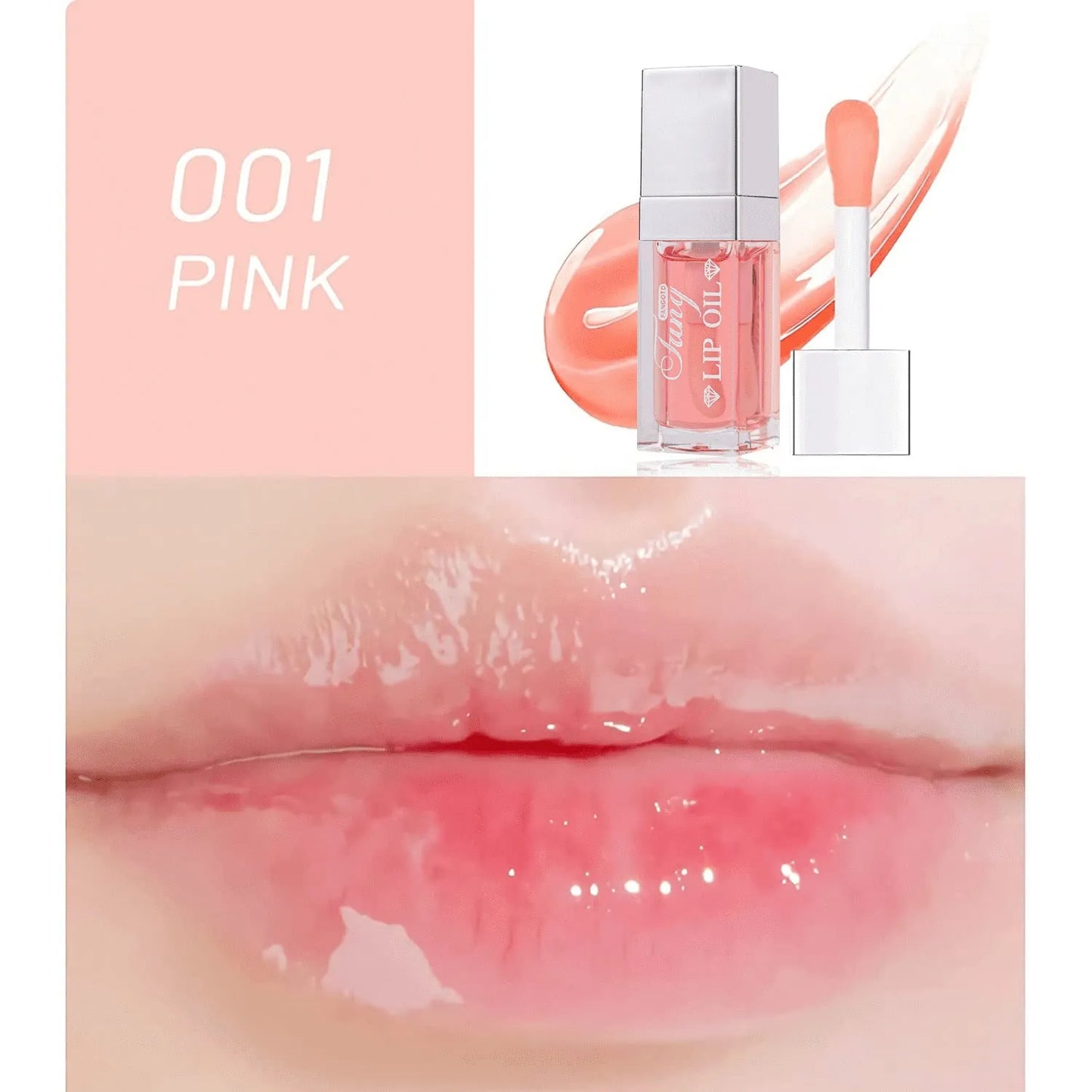 Set of five bright lip gloss tubes with lip essence oil applicators in shades Style001, 006, 007, 012, and 015.