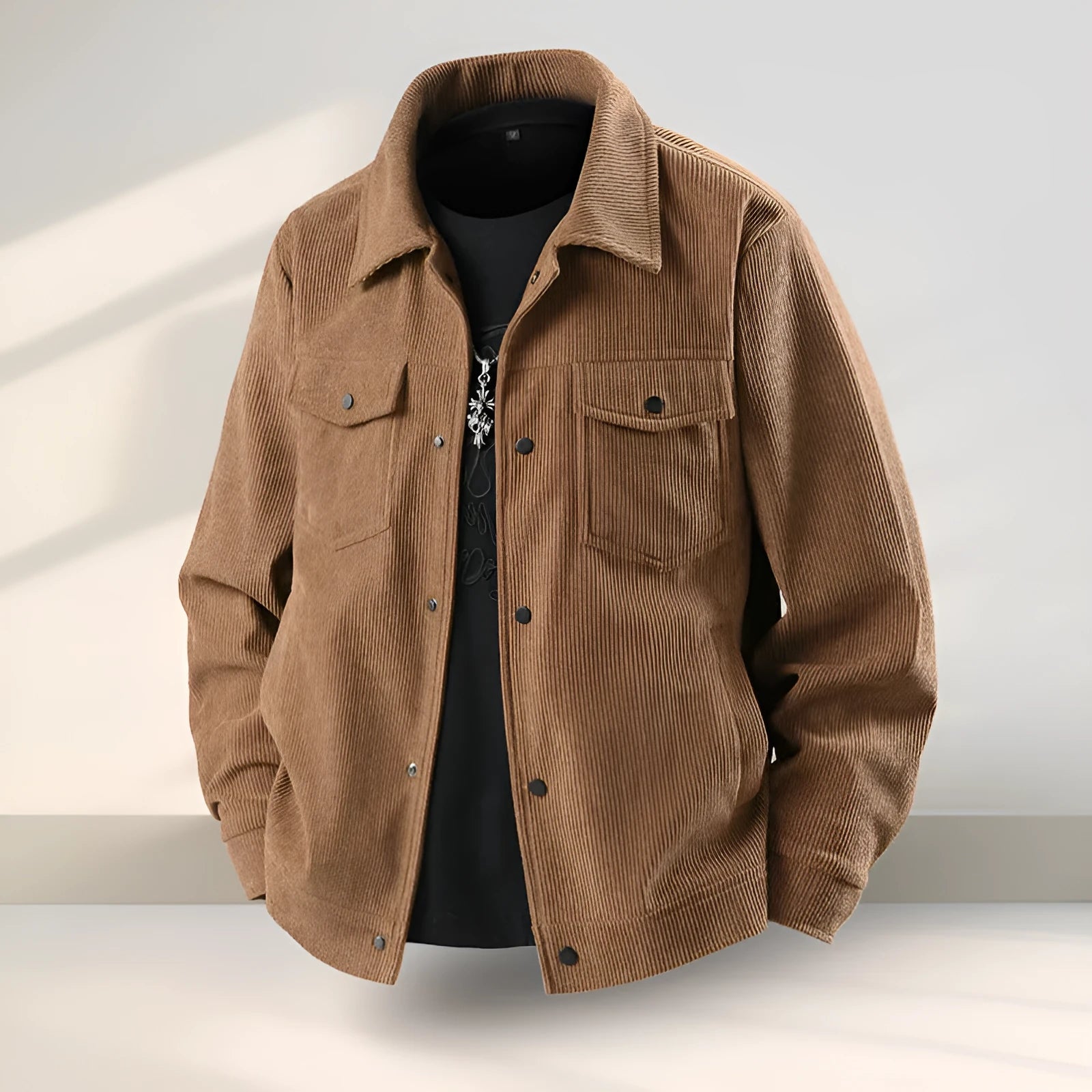 Men's black slim-fit casual coat made from stretch vinyl fabric on a hanger.