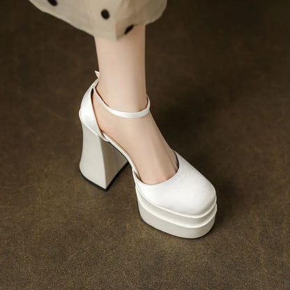 Women's white waterproof platform high heels with chunky heel and round toe design
