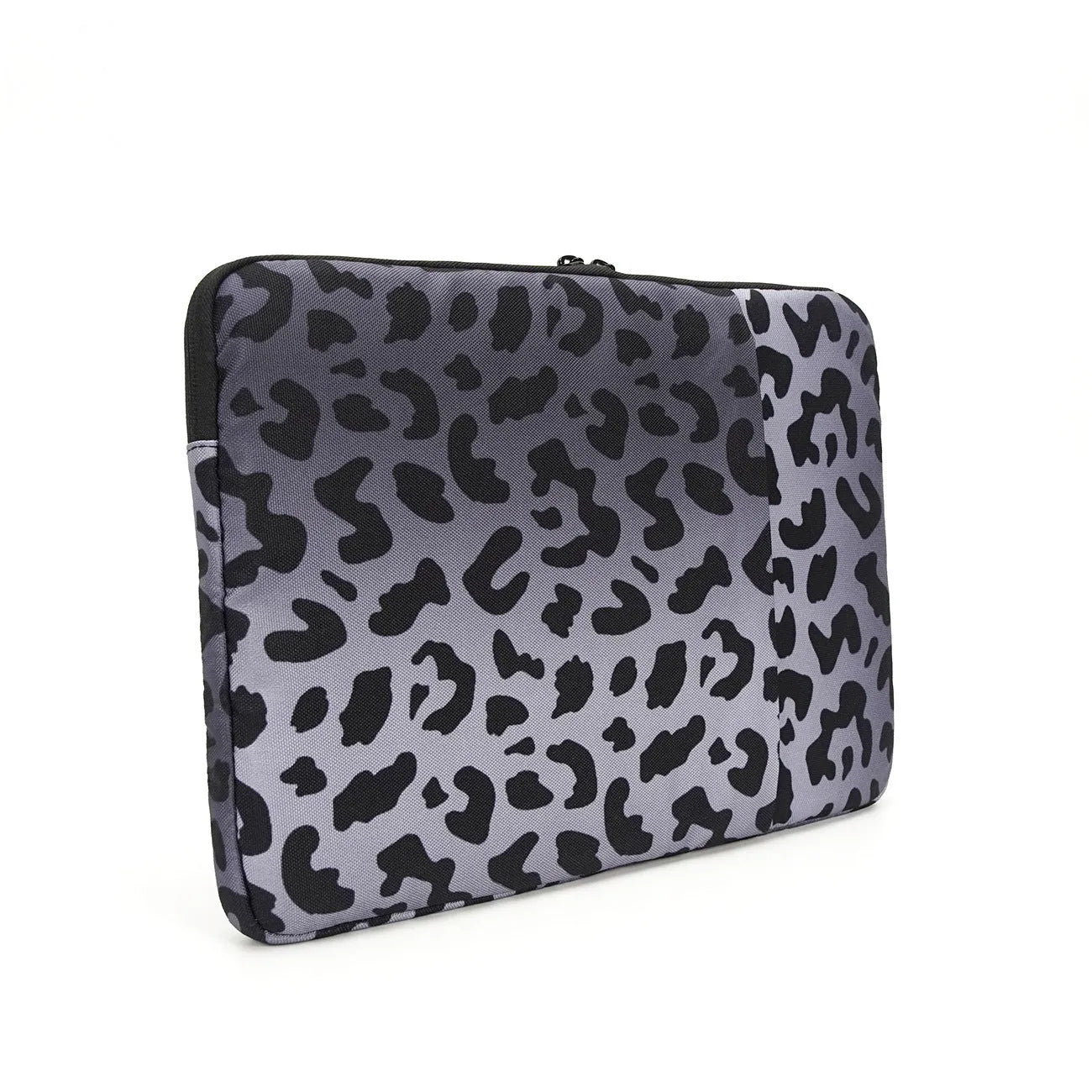 Leopard print laptop protective sleeve for 13 to 16 inch devices on a grey background
