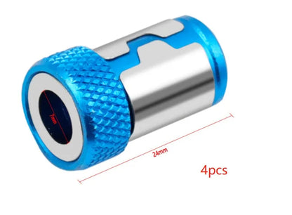Light blue magnetic screwdriver bit with slotted head and magnetic ring for metric screws
