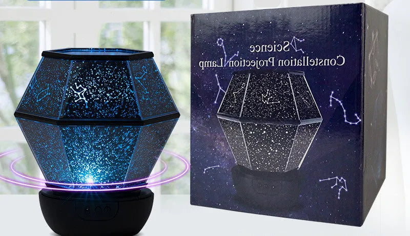 Children's rotating star projector night light showing blue, green, and yellow stars projected on a ceiling.