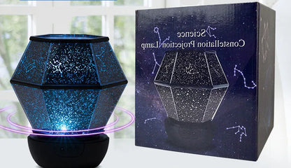 Children's rotating star projector night light showing blue, green, and yellow stars projected on a ceiling.