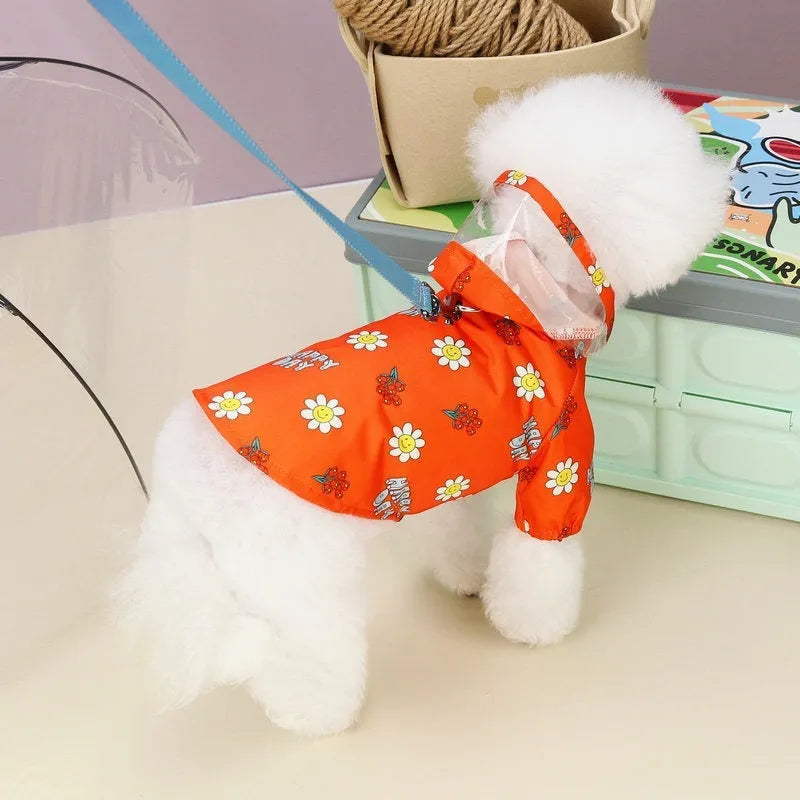 Transparent dog raincoat with small flower pattern and pull ring traction system