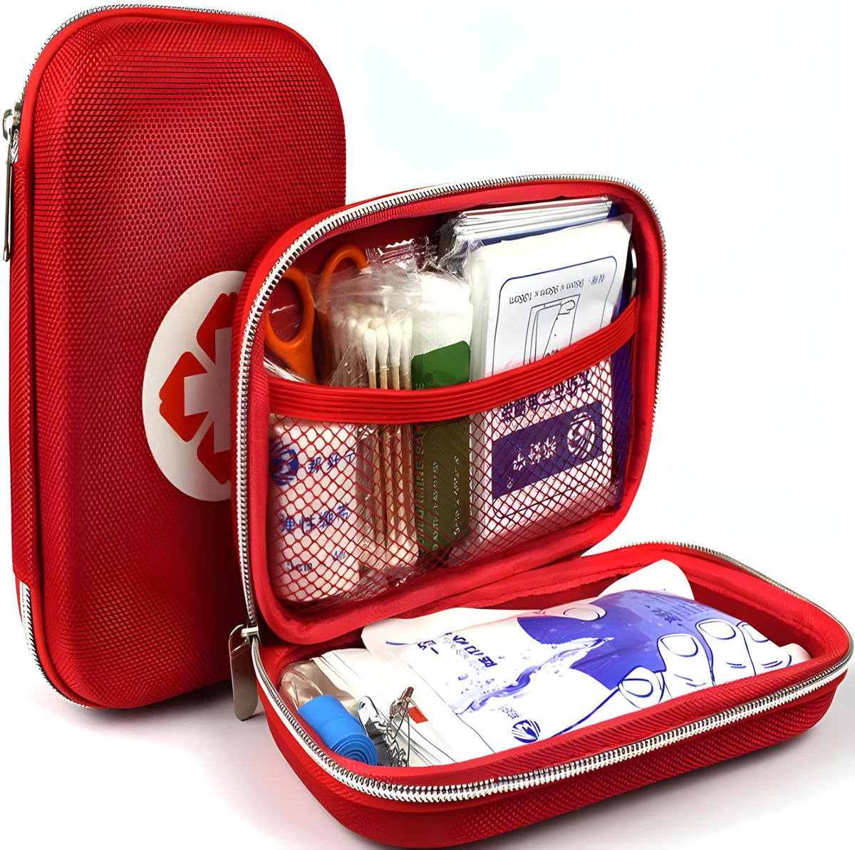 Red plastic survival first aid kit open to show 18-piece contents including bandages, scissors, and emergency blanket.