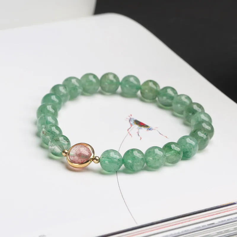 Green strawberry quartz crystal bracelet with geometric design and auspicious patterns