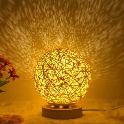 LED rattan table lamp with hand-knit linen shade in various colours