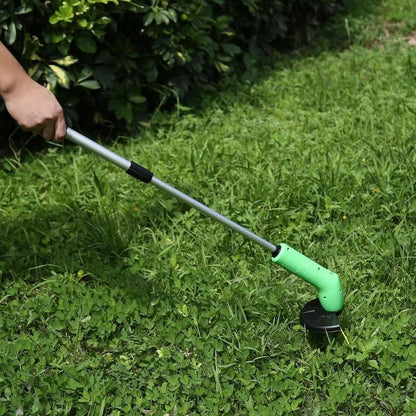 Cordless lawn trimmer with extension pole and debris shield for garden maintenance