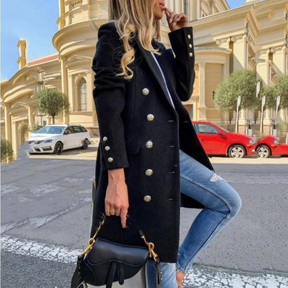 A classic woolly lapel coat with a double-breasted design, featuring a mid-length silhouette and available in black and yellow colours.