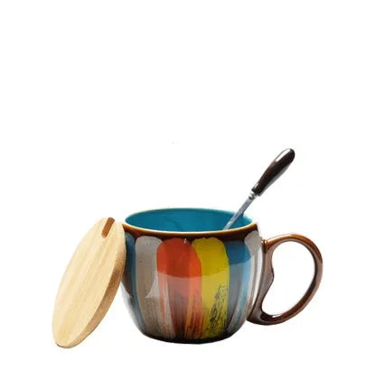 Handmade ceramic mug with lid and spoon in blue, green, yellow, or pink colours