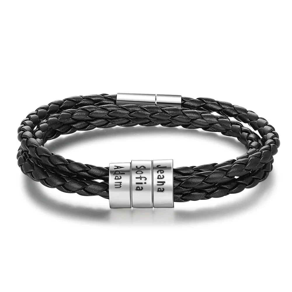 A personalized leather bracelet with engraved beads, a thoughtful gift for men