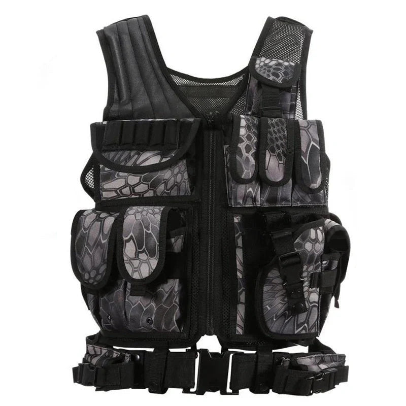 Durable tactical vest for military, airsoft, and outdoor activities with multiple pockets and adjustable straps