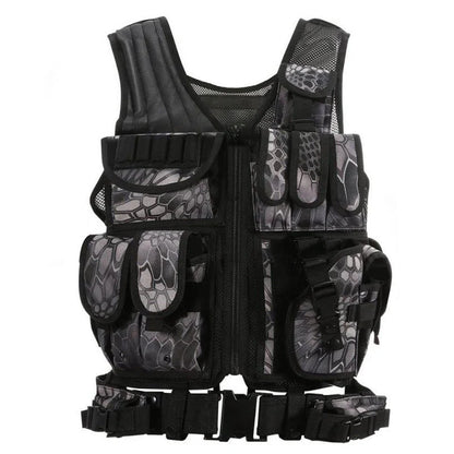 Durable tactical vest for military, airsoft, and outdoor activities with multiple pockets and adjustable straps