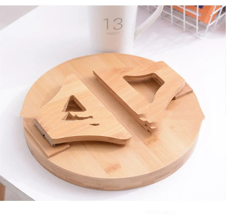 Wooden clip-on sofa tray table with carving design in bamboo colour on armrest