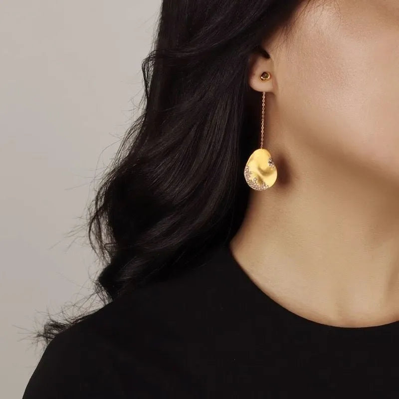 Asymmetric floral earrings with Chinese style design in gold and silver plating options with zircon detailing