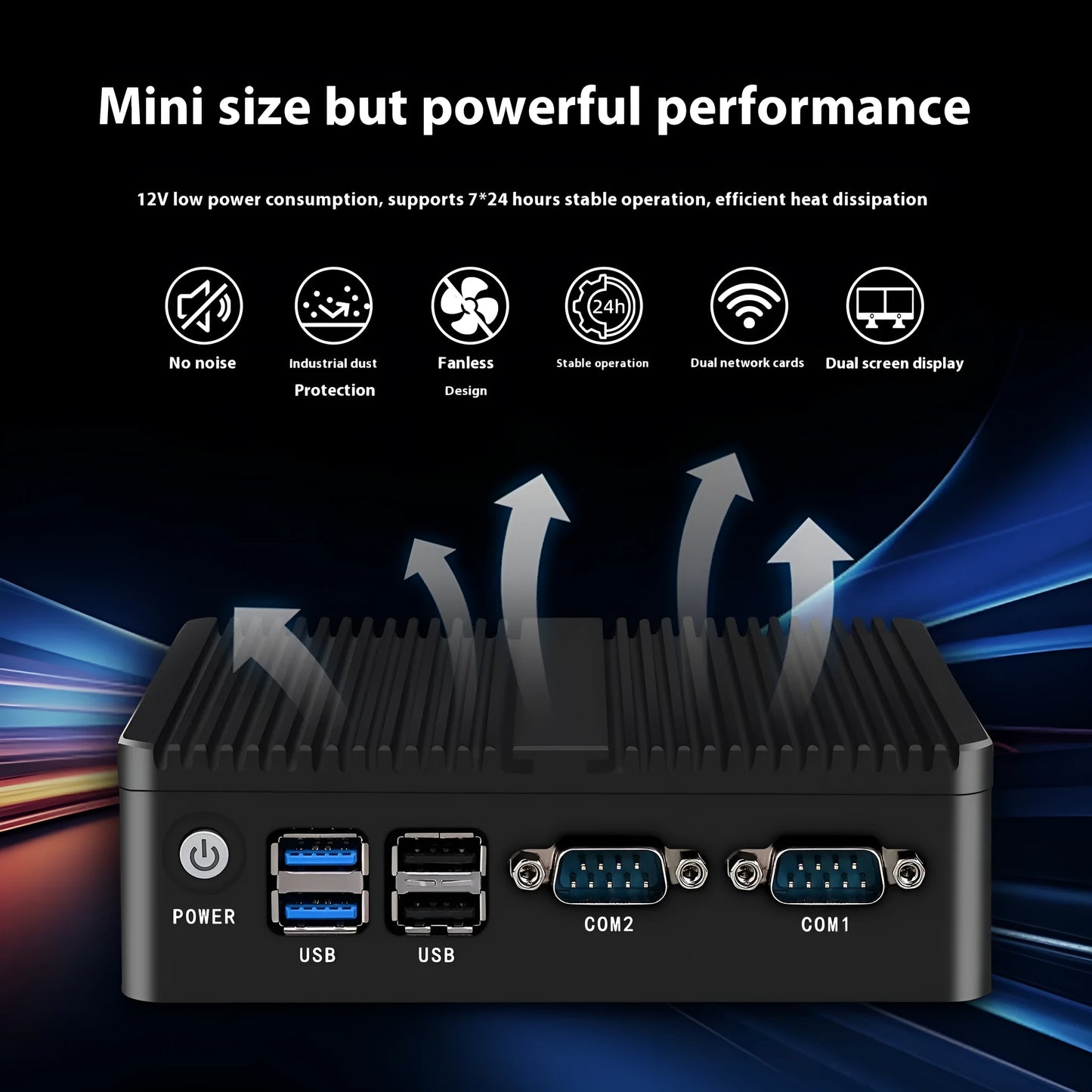 Industrial fanless quad-core mini-host with compact 13.6cm dimensions and dual-network ports