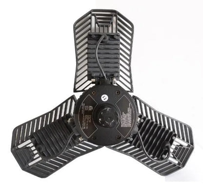 Industrial foldable waterproof LED garage lamp showing aluminium body and plastic casing.