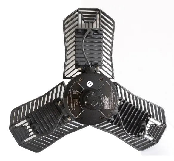 Industrial LED garage lamp with a waterproof rating and a foldable design offering 216 LED beads, 4300 lm luminous flux, and a 180-degree luminous angle for workshop or warehouse lighting with die-cast aluminium and ABS construction.