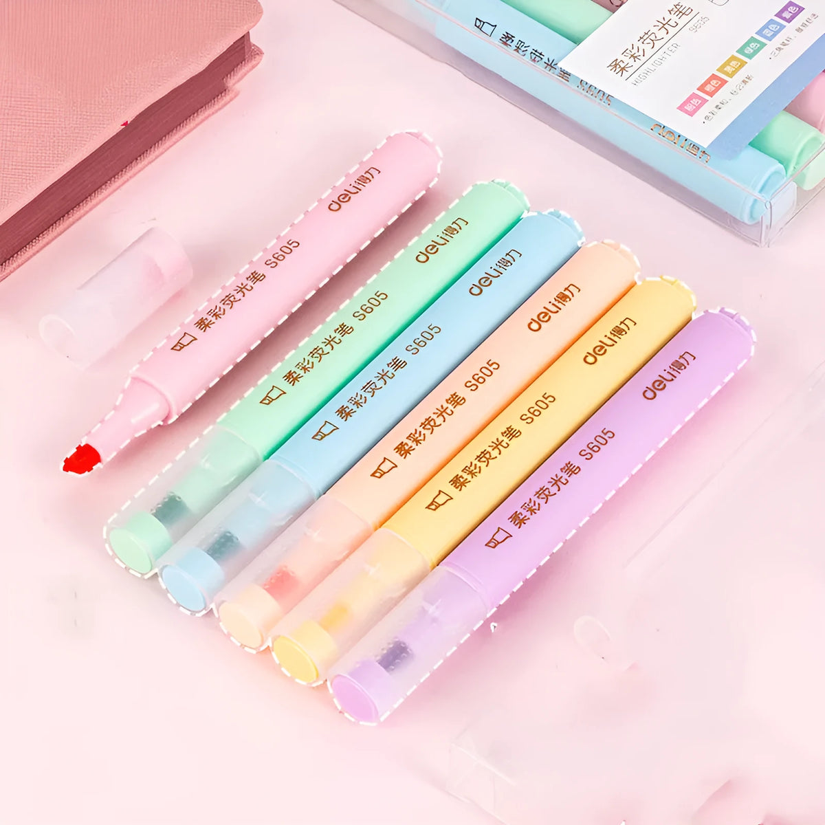 Deli S605 soft colour highlighter pens with oblique fibre tips in macaron, crystal and dark colour sets