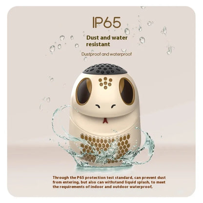 Small white waterproof Bluetooth speaker with LED lights showing TF card slot and USB charging port