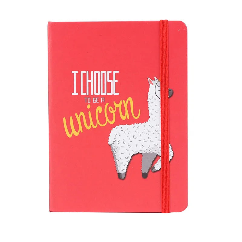 Alpaca cartoon design notebook in A5, A6, and A7 sizes showing yellow paper inside.