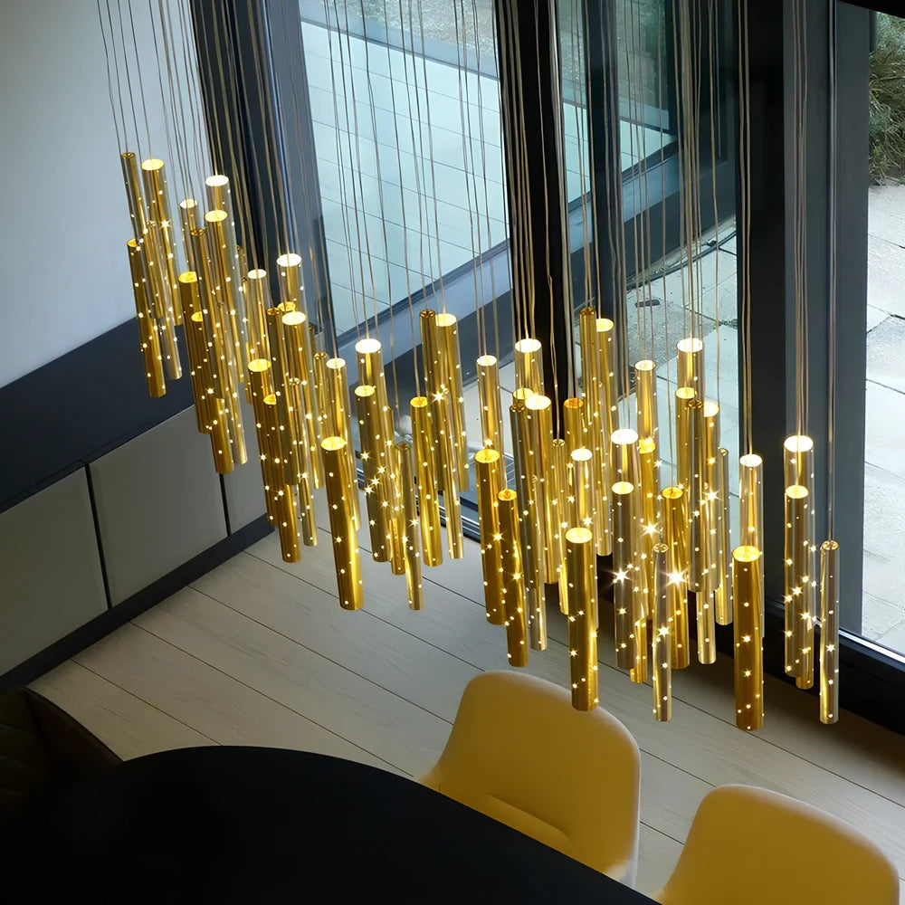 Carved hollow tube bar chandelier in gold and silver mix with 6 LED heads, 1.2m span aluminum alloy