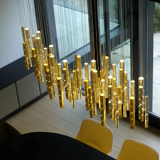 Carved hollow tube bar chandelier in gold and silver mix with 6 LED heads, 1.2m span aluminum alloy