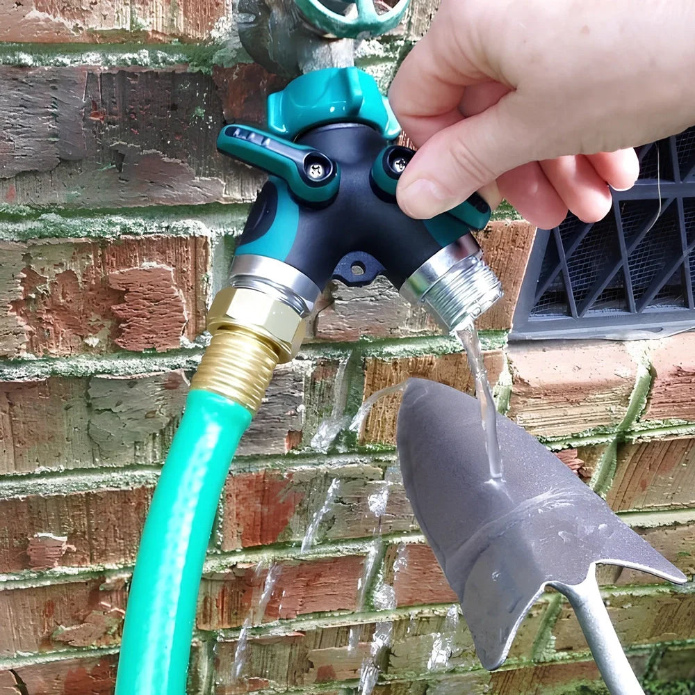 Green plastic Y-shaped water splitter with zinc alloy outlets and copper inlet measuring 94mm