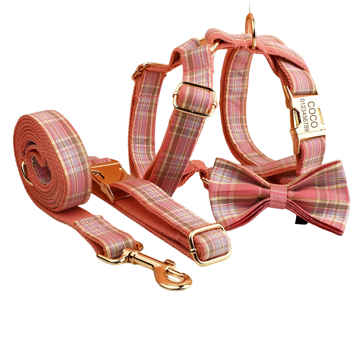 Red plaid cloth dog collar and leash set with matching bow on a white background